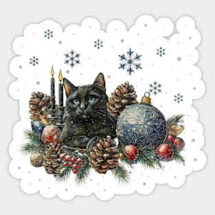 Christmas composition and Black cat, winter scene, snow, holidays, cat in snow, cat in winter, cat lovers Sticker